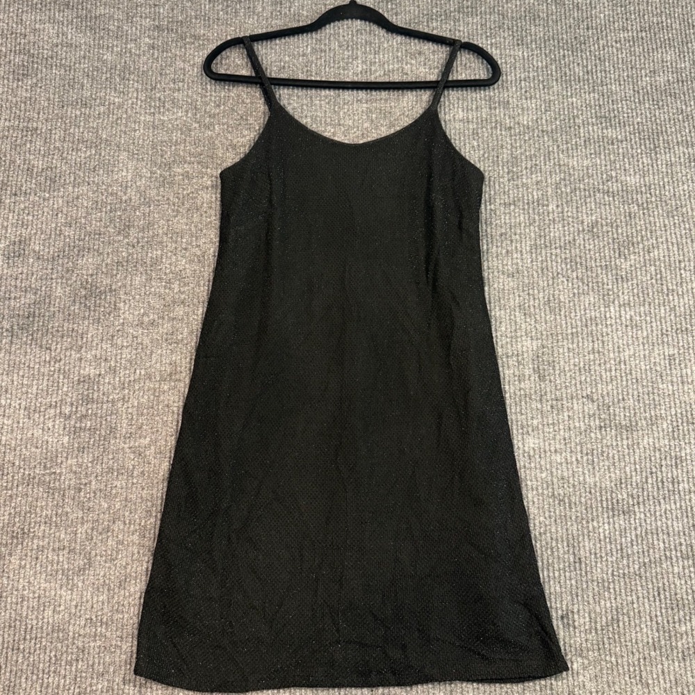 Black Mini Slip Dress S Bodycon Glitter Spaghetti Strap Party Club Metallic